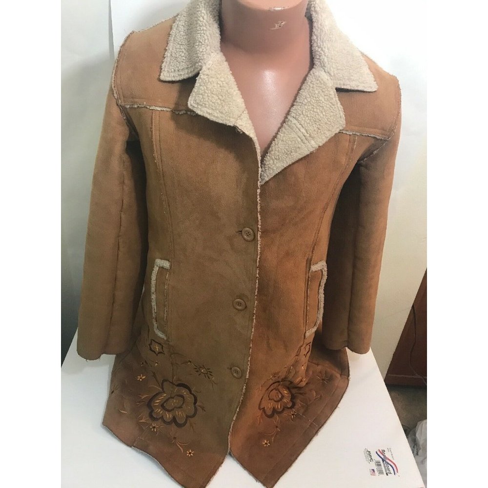 Womens Bacci Faux Suede Long Coat Floral Embroidery Size Medium